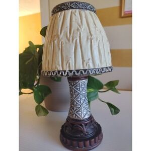 Small White w/Brown Flowers‎ Candle Lamp On Candle Holder Base Antique Look 9"